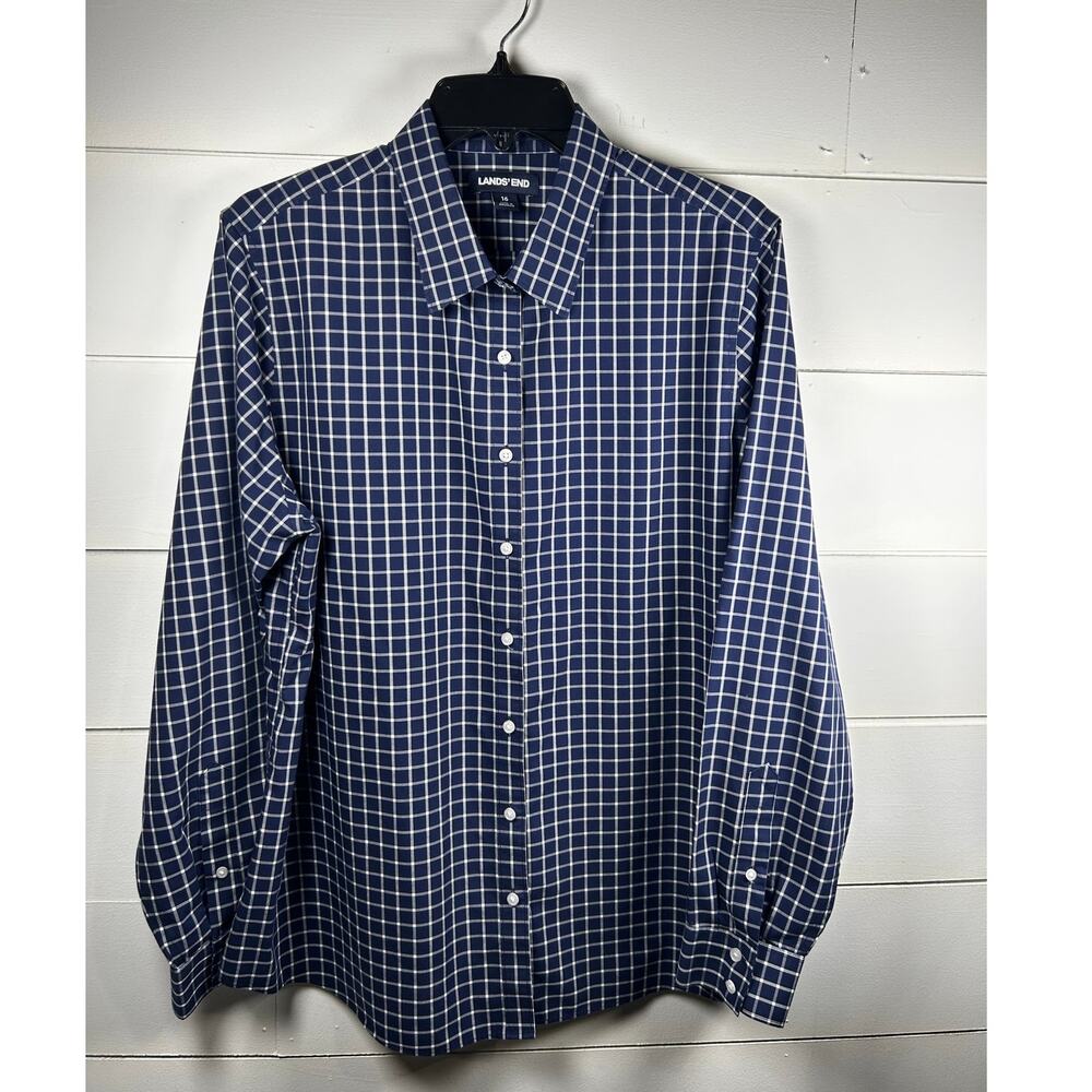 EUC Land's End  Navy Blue and White Checkered Mens Button Up, Size 16